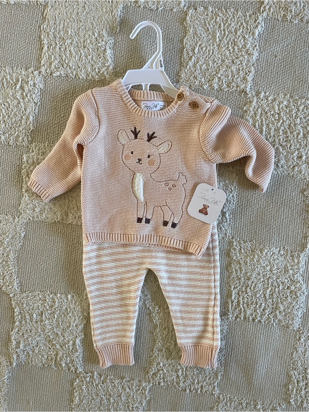 Rene Rofe Baby Peach Knit Deer Sweater & Striped Pants Set